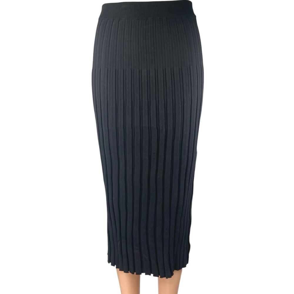 O.Vianca Black Rib Knit High Waist Slit Pull On Midi Straight Pencil Skirt Sz S